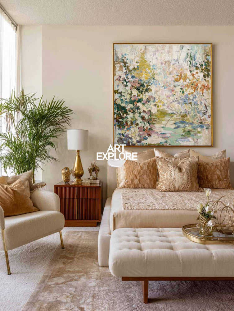 Abstract Botanical Oil Painting With Textured Brushwork For Modern Living Room Decor