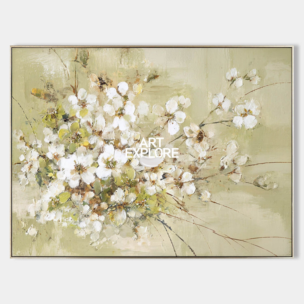 Modern Abstract Floral Painting White Blossoms On Sage Green Canvas For Living Room Decor