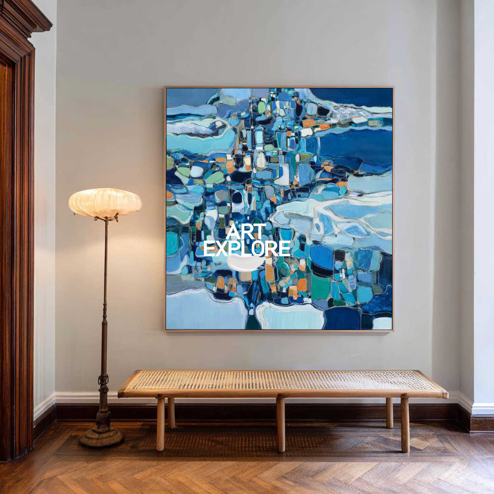 Abstract Blue Seascape Oil Painting Modern Square Canvas Art For Home Decor