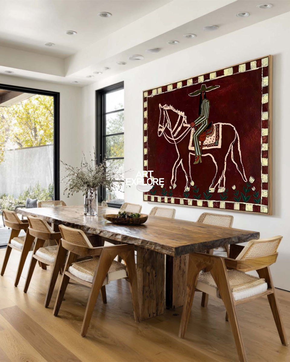 Original Folk Art Painting Of Horse And Rider In Red For Living Room Decor