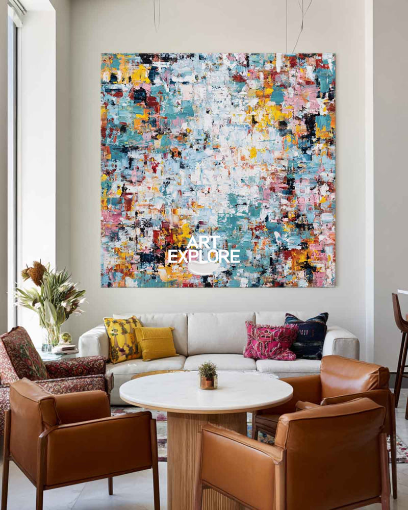 Hand Painted Textured Abstract Art With Blue And Gold For Modern Living Room Decor