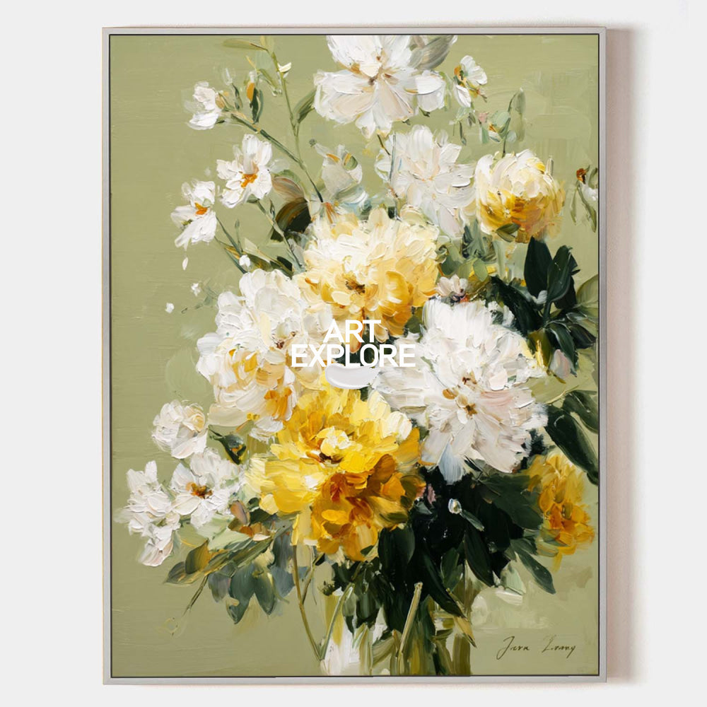 Contemporary Floral Oil Painting White Yellow Flowers Modern Wall Art For Living Room