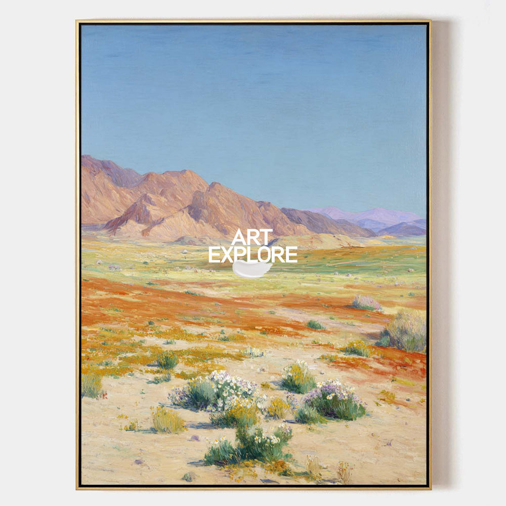 Modern Abstract Desert Mountain Landscape Painting With Wildflowers For Living Room