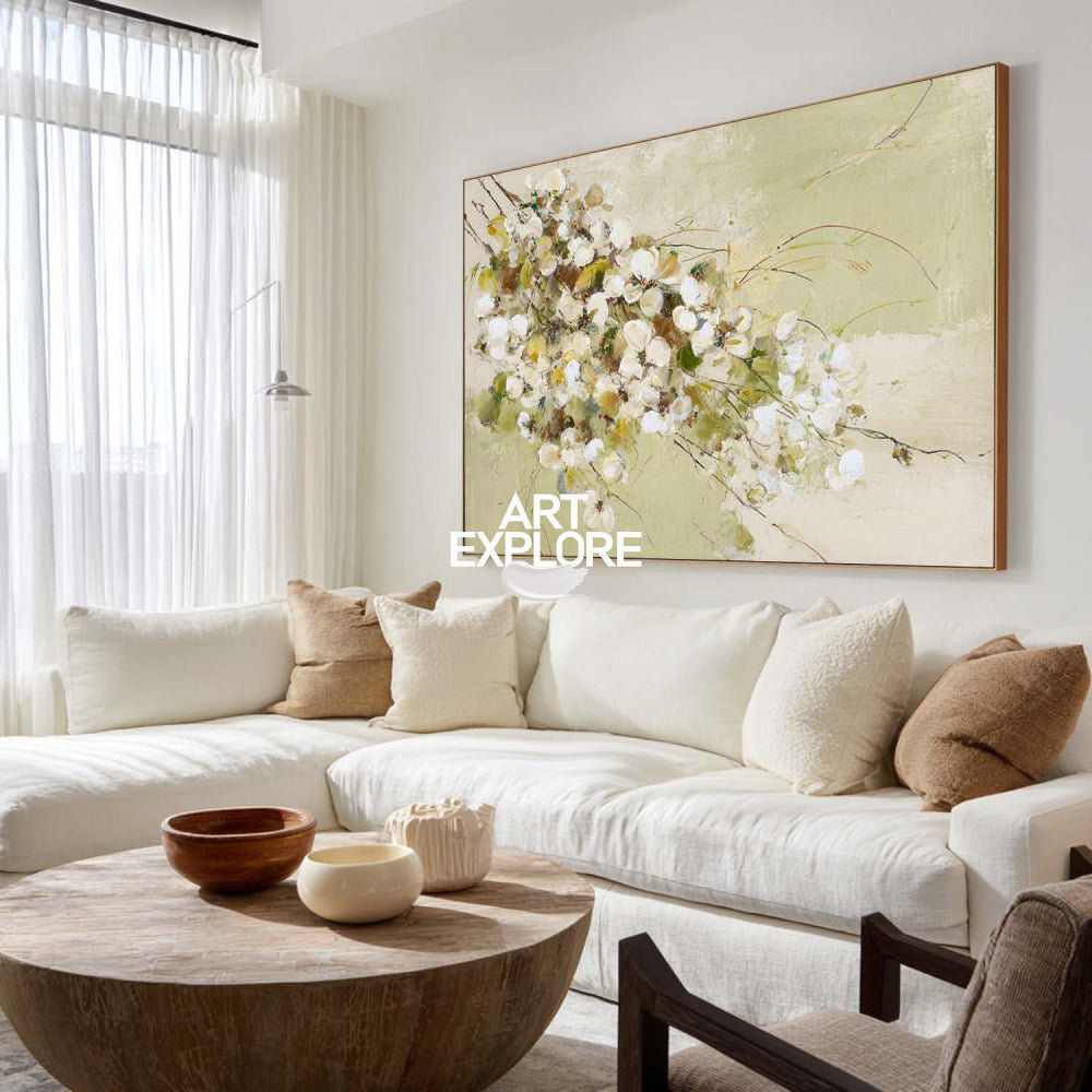 Modern Floral Oil Painting With Textured Green And White Blossoms For Living Room Decor