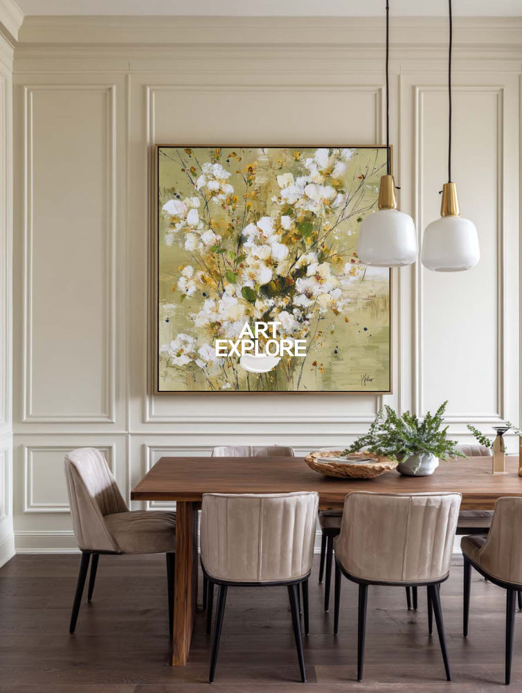 Modern Abstract Floral Painting With Gold Accents For Living Room Decor