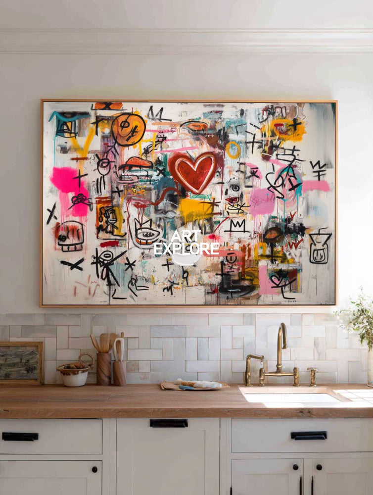 Vibrant Graffiti Abstract Art With Red Heart For Modern Living Room Decor