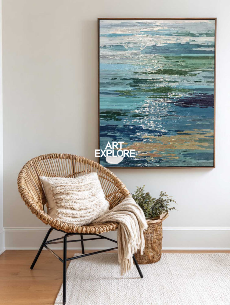 Abstract Seascape Painting With Blue Green Waves And Gold Accents For Modern Living Room Decor