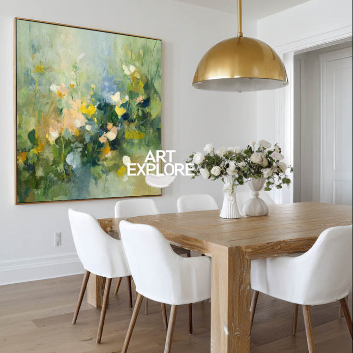 Original Green Meadow Art Print Abstract Botanical Painting For Bedroom Decor