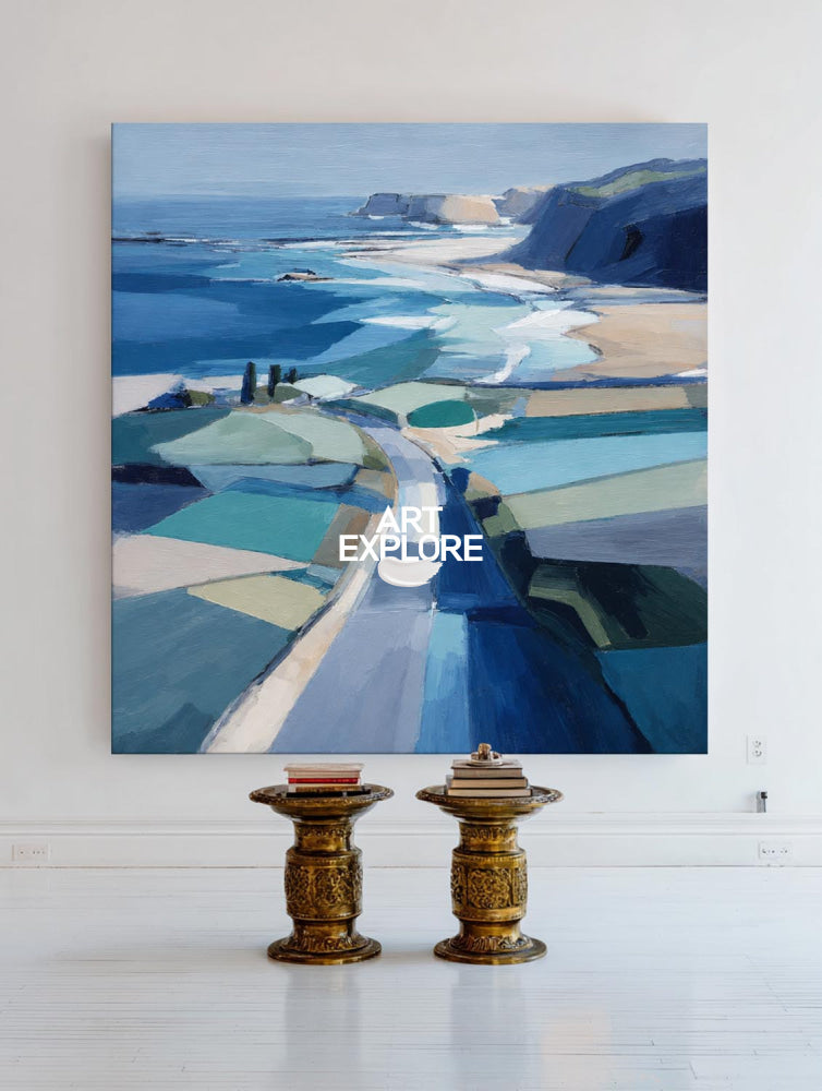 Abstract Blue Coastal Art Painting For Modern Living Room Decor With Ocean View