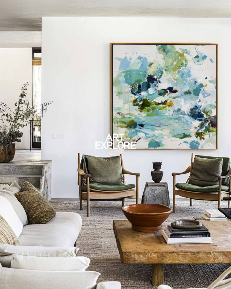 Vibrant Abstract Pond Painting With Green And Blue Hues For Modern Home Decor