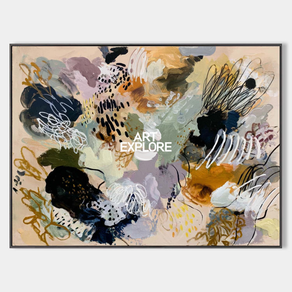 Large Multicolor Abstract Canvas Art With Neutral Beige Base For Living Room Wall