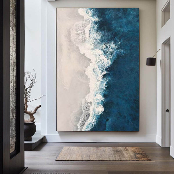 Blue Rich Textured Seascape Painting Large Abstract Wall Art Blue Coastal Canvas Painting