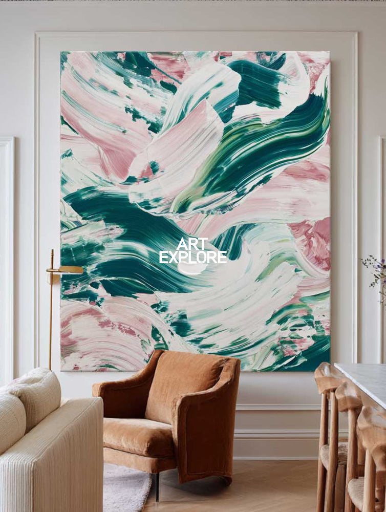 Textured Abstract Wall Art In Emerald Green And Soft Pink For Contemporary Home