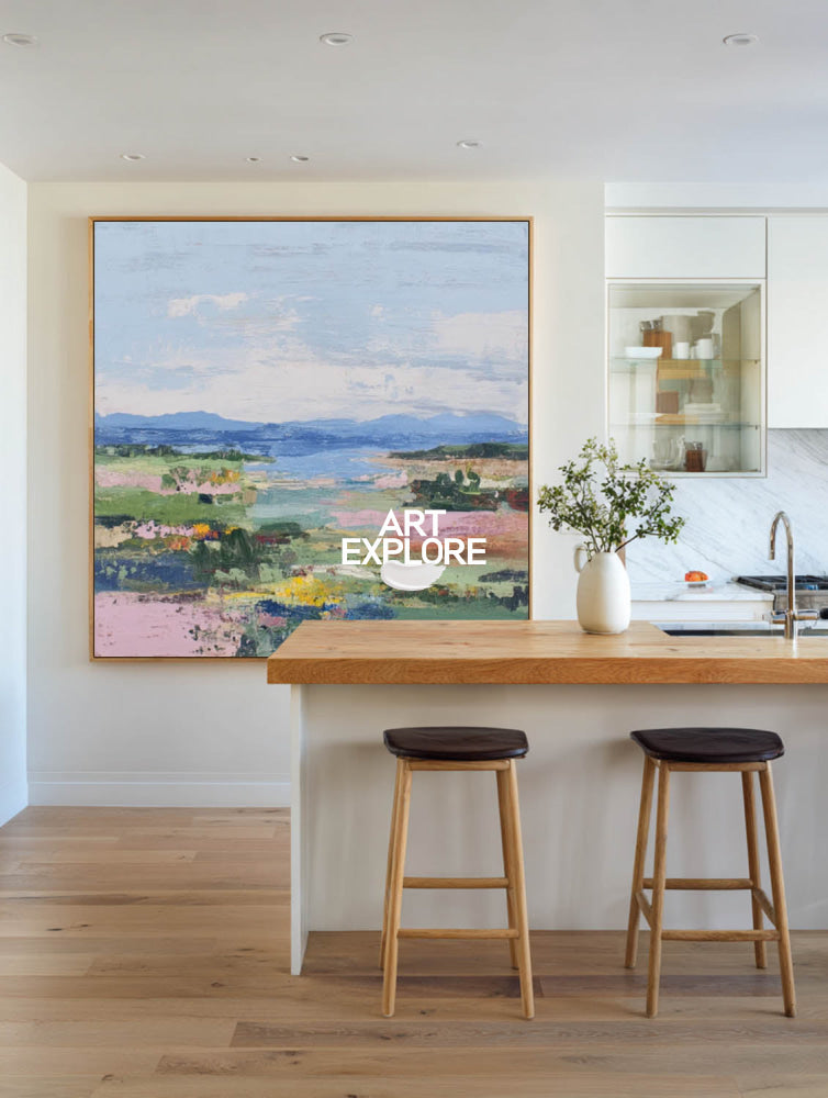 Modern Textured Landscape Painting With Colorful Meadow For Contemporary Home Decor