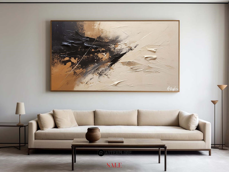 Large tan and beige abstract painting Japandi black beige wall art for livingroom