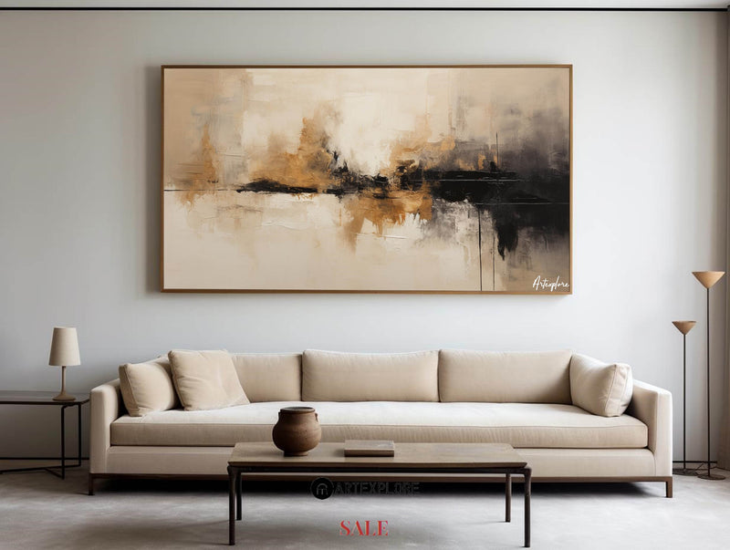 Large tan abstract painting, black beige canvas paintings, soft brush strokes painting for sale