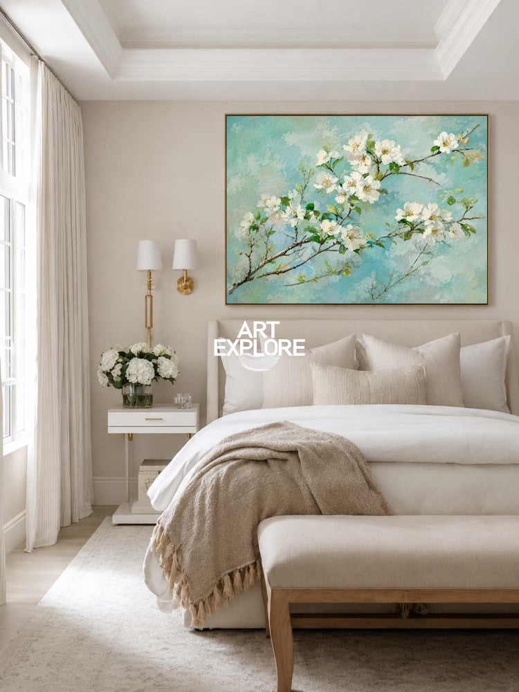 Abstract Impressionist Oil Painting Of Spring Flowers In Green And Blue Tones For Bedroom Wall Art