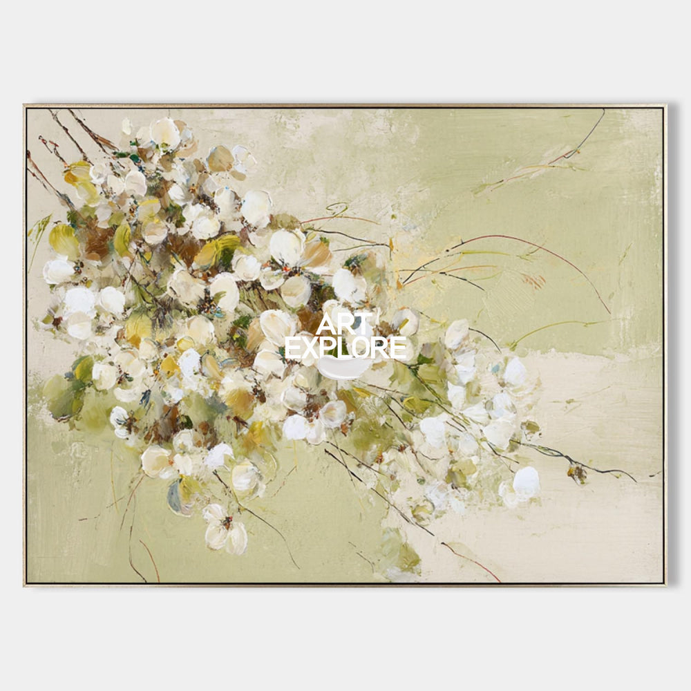 Modern Floral Oil Painting With Textured Green And White Blossoms For Living Room Decor