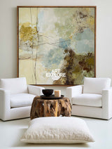 Abstract Modern Green Blue Beige Square Oil Painting On Linen Canvas For Living Room