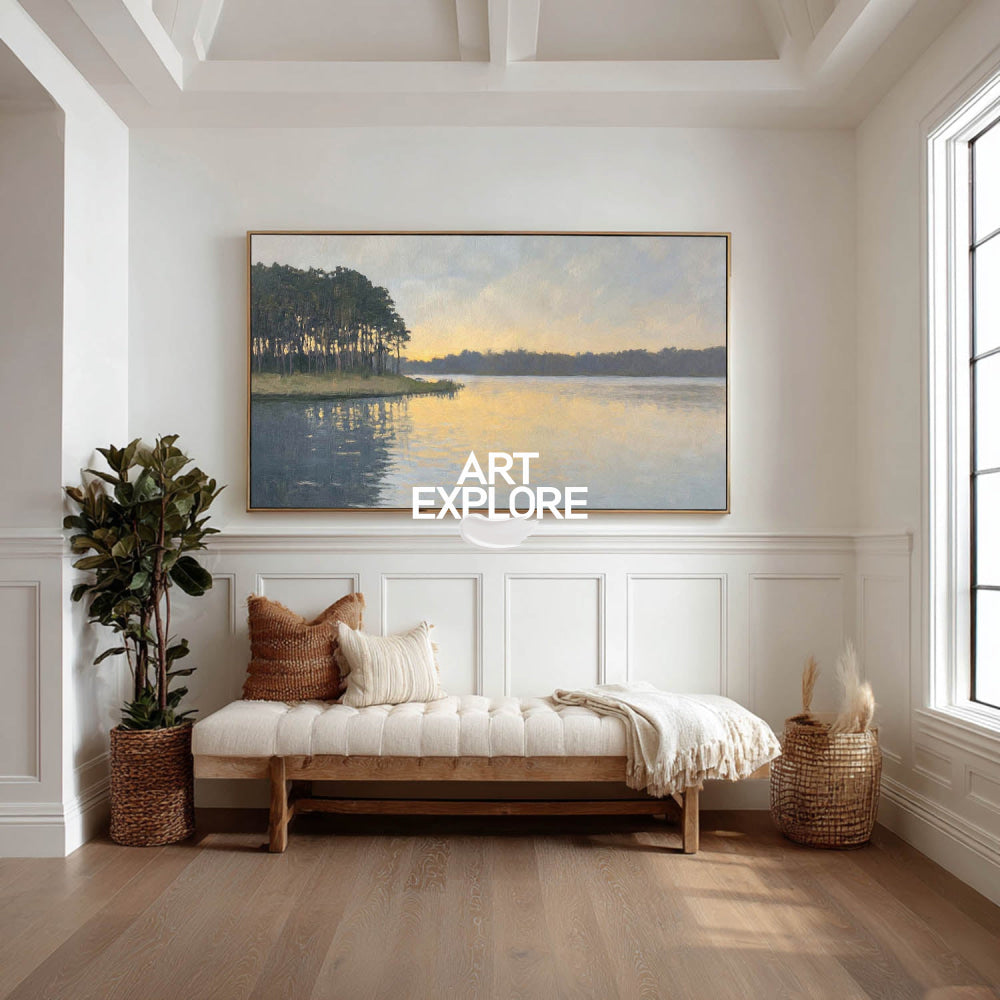 Original Oil Painting Of A Lake At Dusk With Delicate Impressionist Brushstrokes