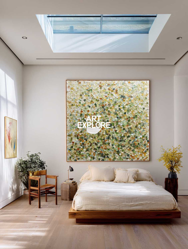 Modern Green Abstract Pointillist Art With Textured Canvas For Living Room Decor