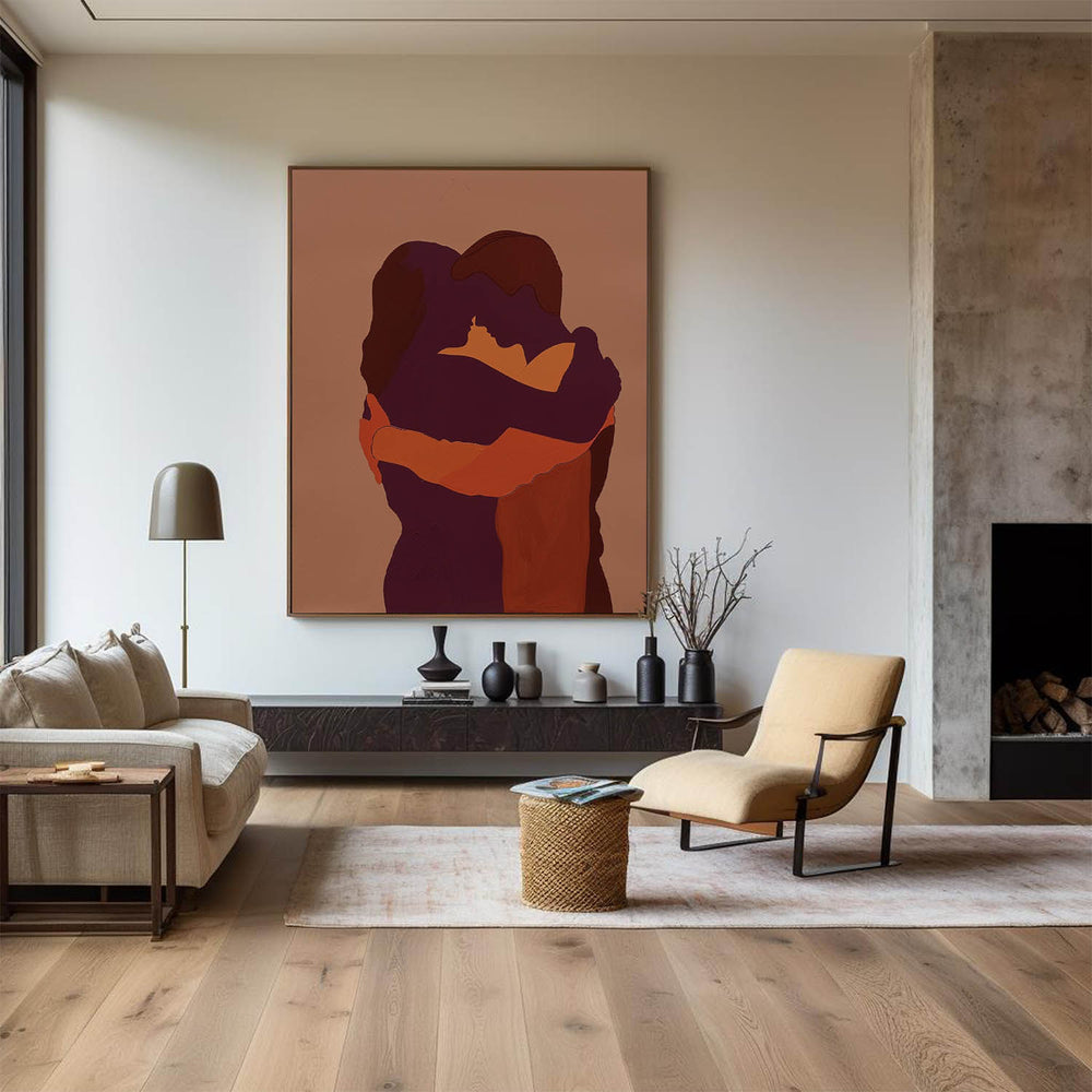 Large Red Minimalist Loving Couple Canvas Painting Kissing Lovers Painting Modern Abstract Painting 
