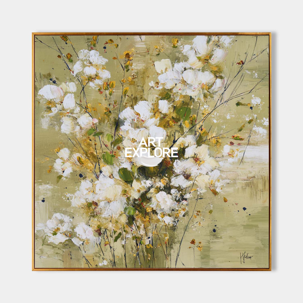 Modern Abstract Floral Painting With Gold Accents For Living Room Decor