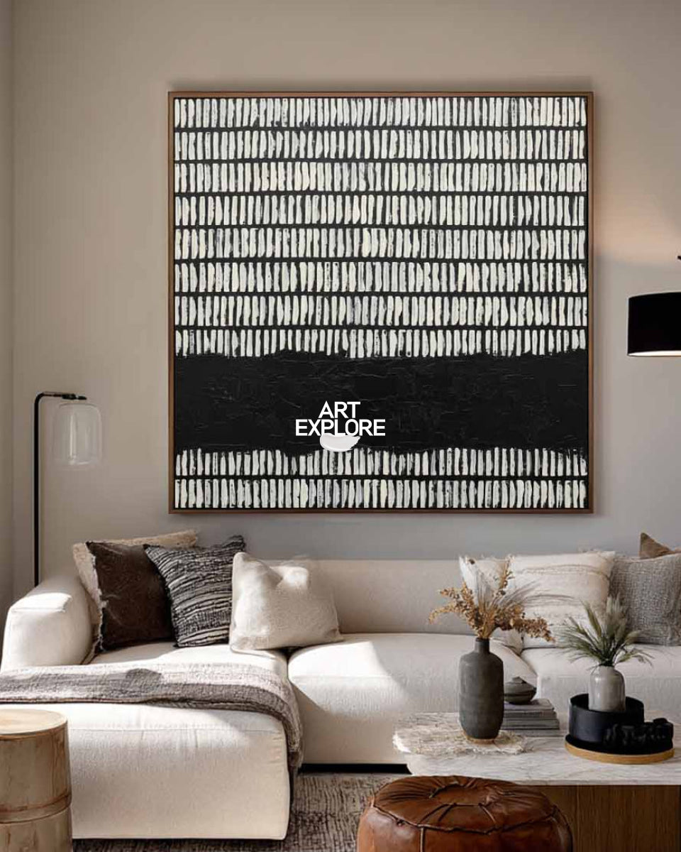 Minimalist Black And White Abstract Square Painting With Geometric Lines For Modern Home Decor