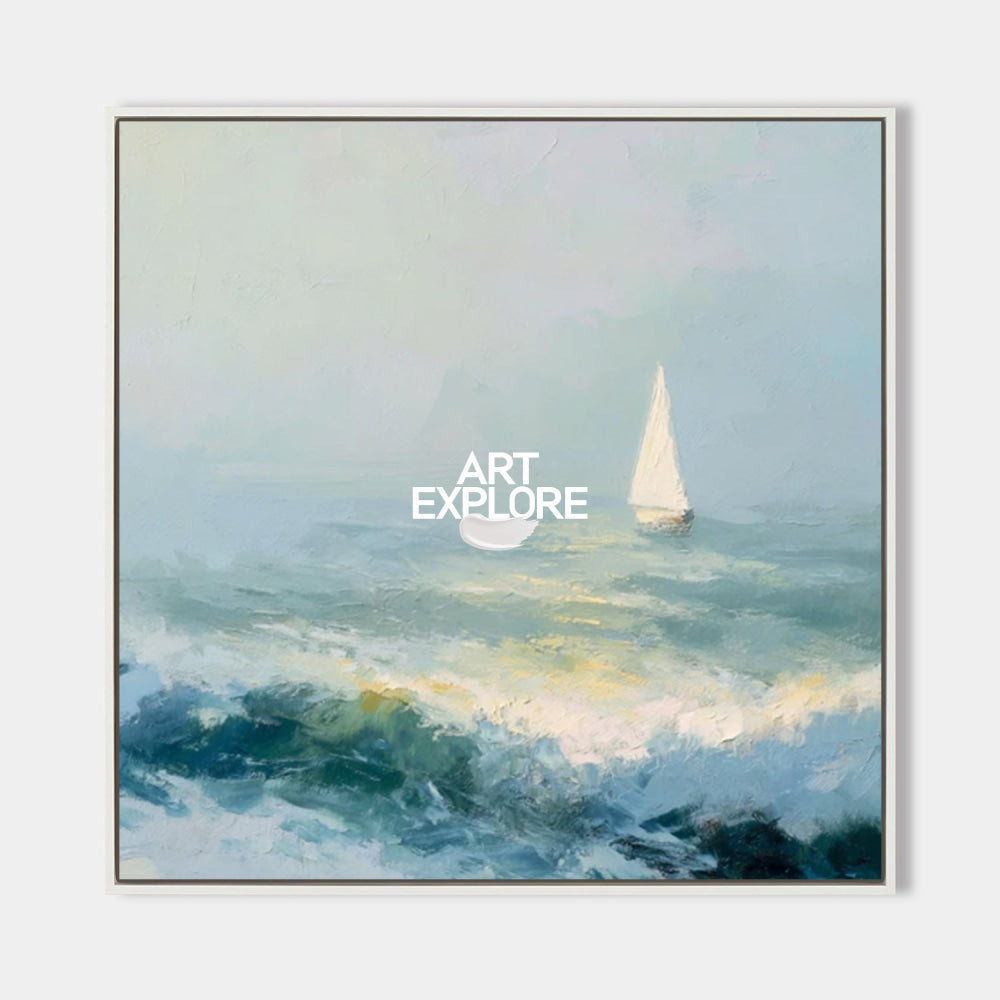 Textured Seascape Oil Painting With Sailboat For Modern Coastal Home Decor