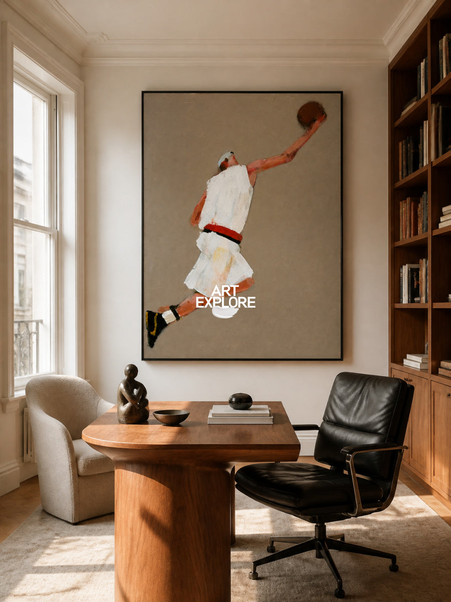 Abstract Basketball Player Canvas Painting In Brown And White For Modern Walls