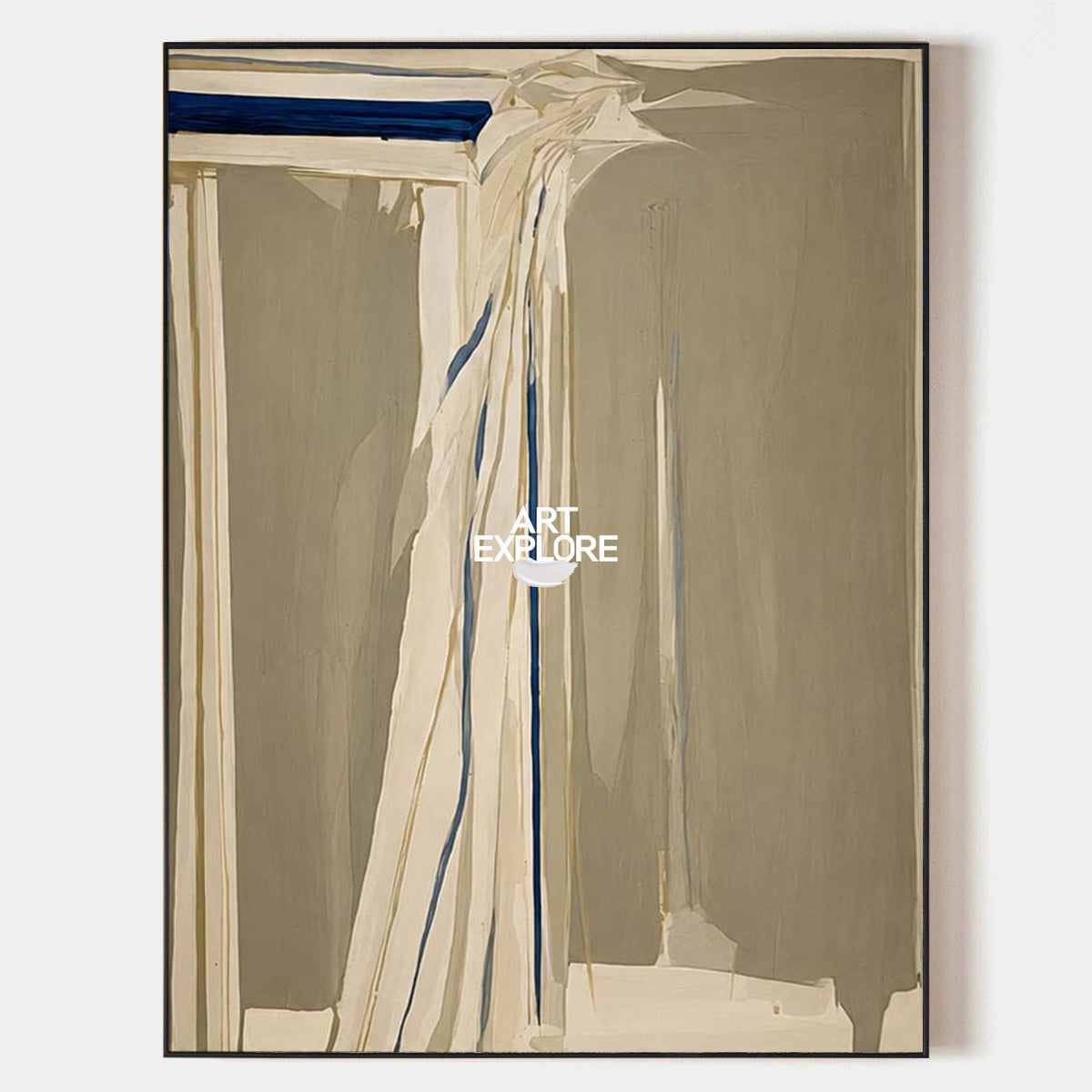 Abstract Beige And Blue Canvas Painting With Fluid Forms For Modern Walls