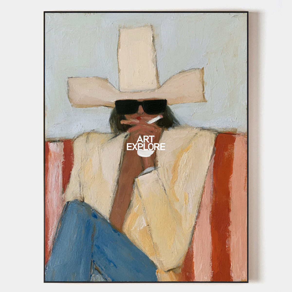 Abstract Cowboy Painting Yellow Blue Tones Modern Wall Art For Living Room Decor