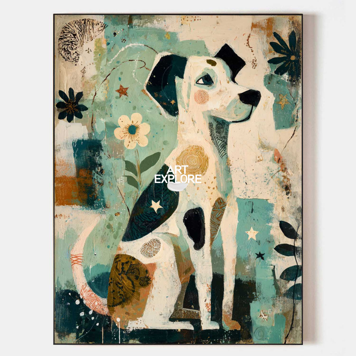 Abstract Dog Painting With Floral Motifs In Beige And Teal For Living Room Decor