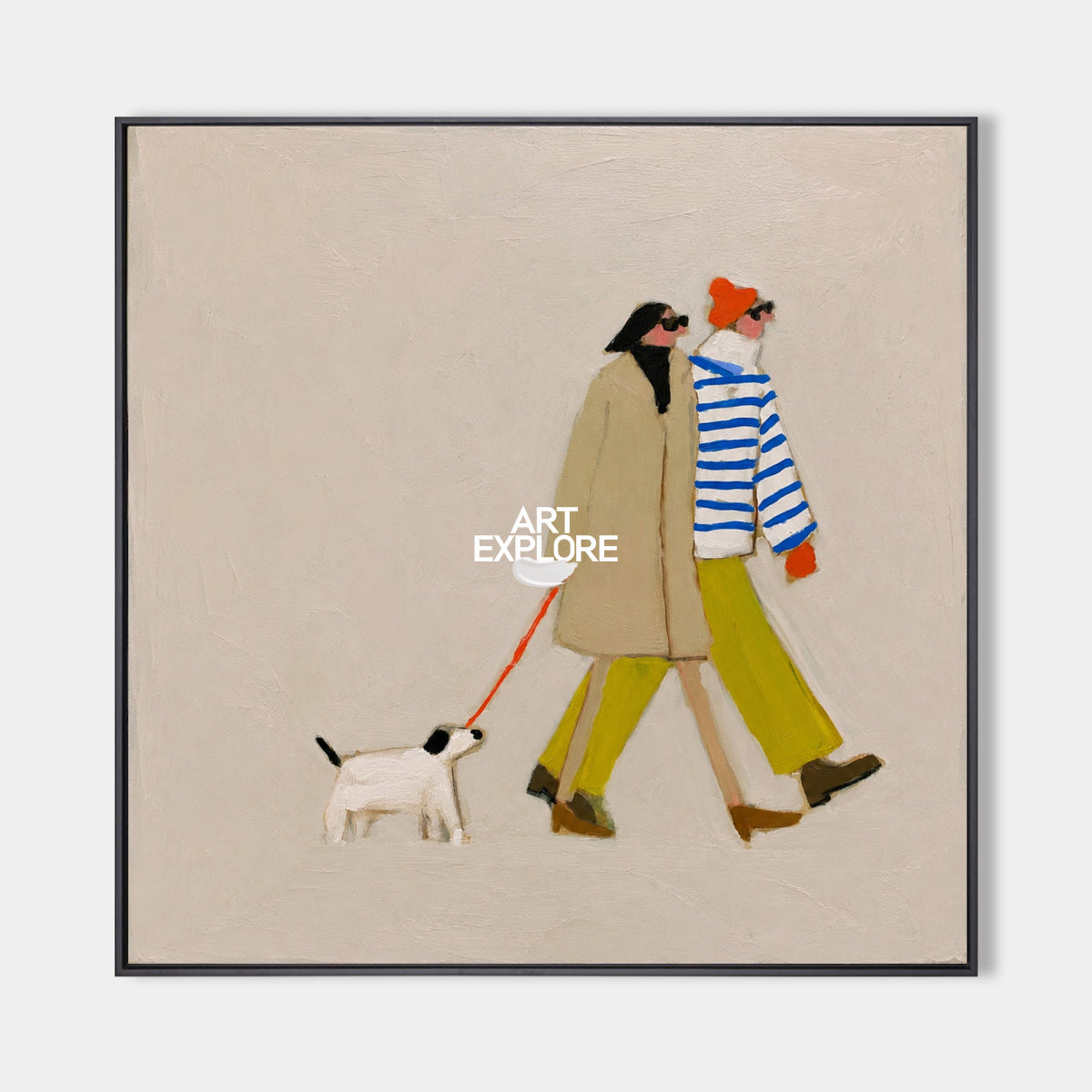 Dog Walking Couple Artwork Square Canvas Print With Vibrant Accents For Entryway