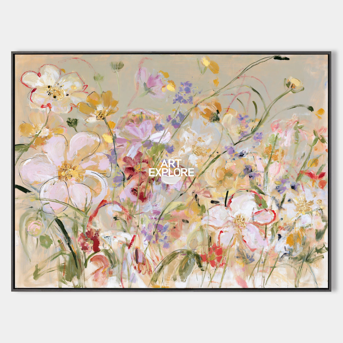 Abstract Floral Canvas Painting With Colorful Textured Flowers For Modern Wall Art