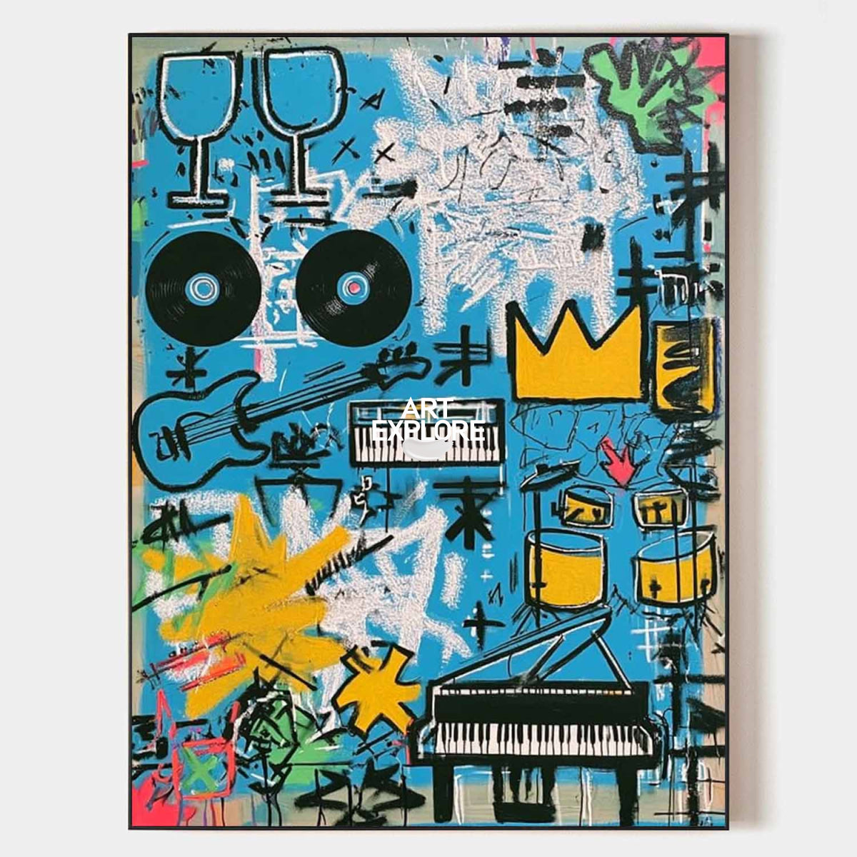 Abstract Graffiti Art Painting With Music Motifs In Blue For Modern Living Room Decor