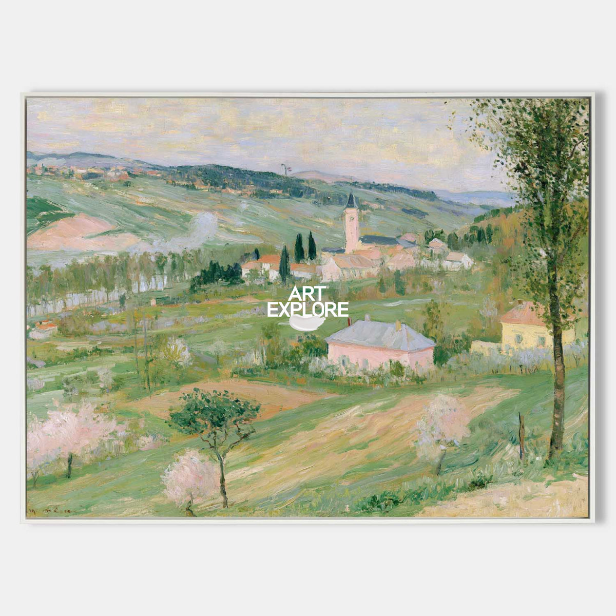 Hand-Painted Abstract Green And Pink Countryside Impressionist Landscape Canvas Art
