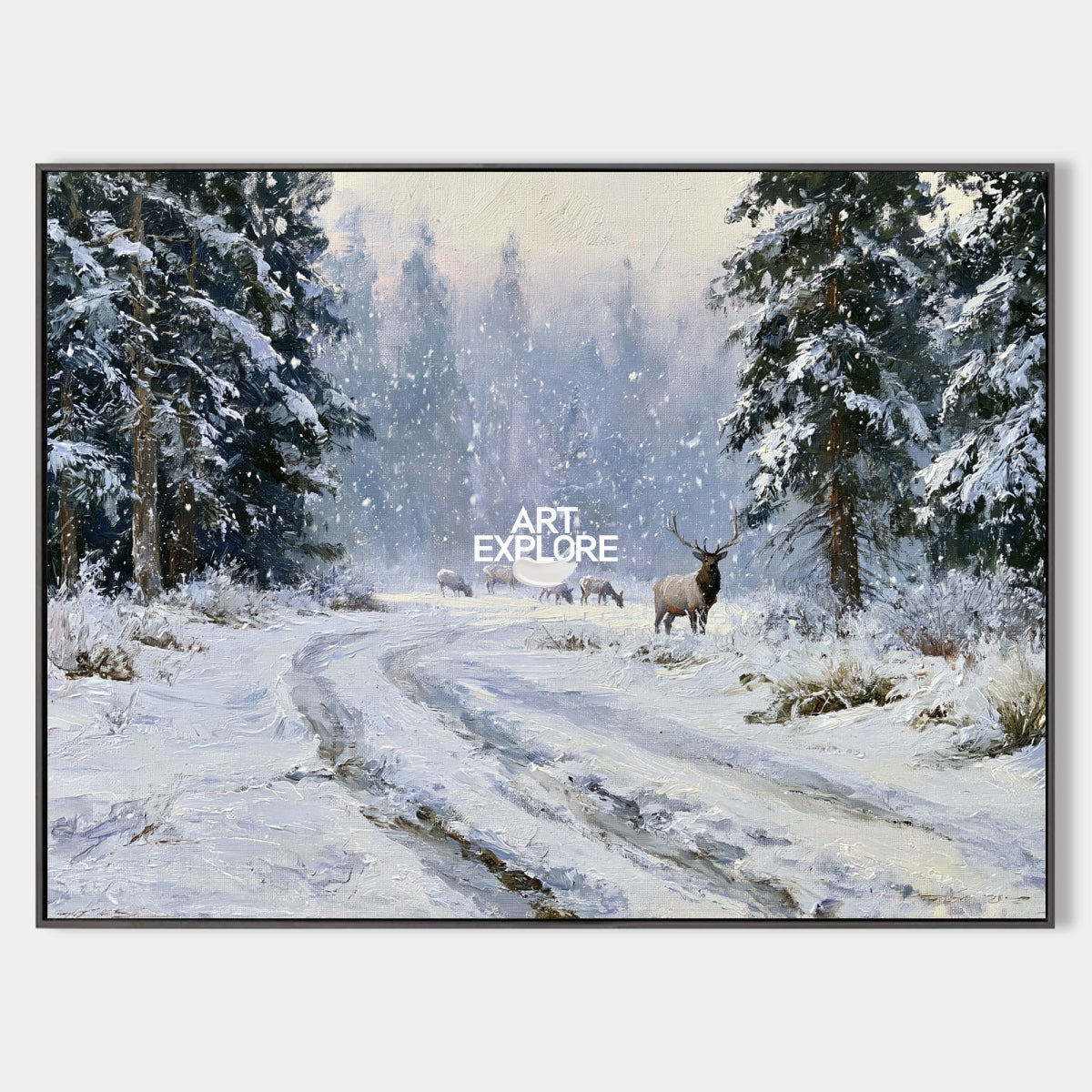 Hand-Painted Deer And Elk In Snowy Forest Canvas Painting