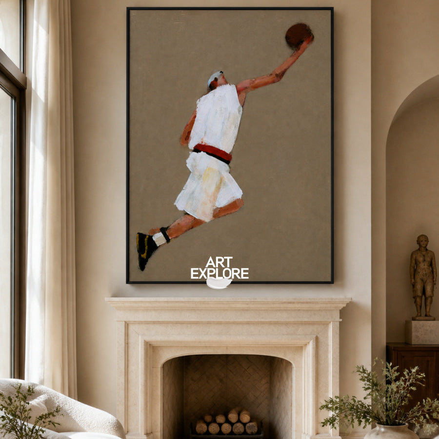 Abstract Basketball Player Canvas Painting In Brown And White For Modern Walls