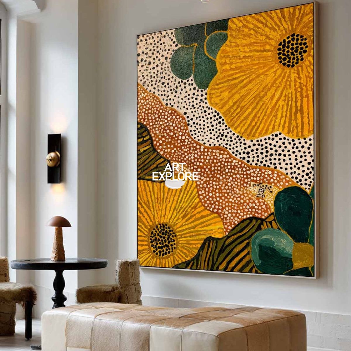 Abstract Floral Painting With Orange And Green Tones For Modern Living Room Decor