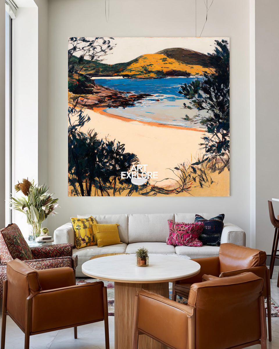 Abstract Lake Landscape Canvas Painting With Warm Golden Hills And Blue Water