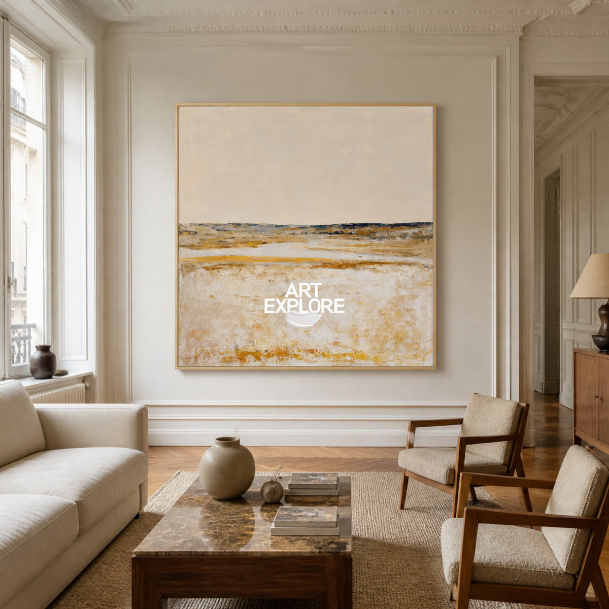 Abstract Horizon Landscape Canvas Painting In Beige And Brown Tones