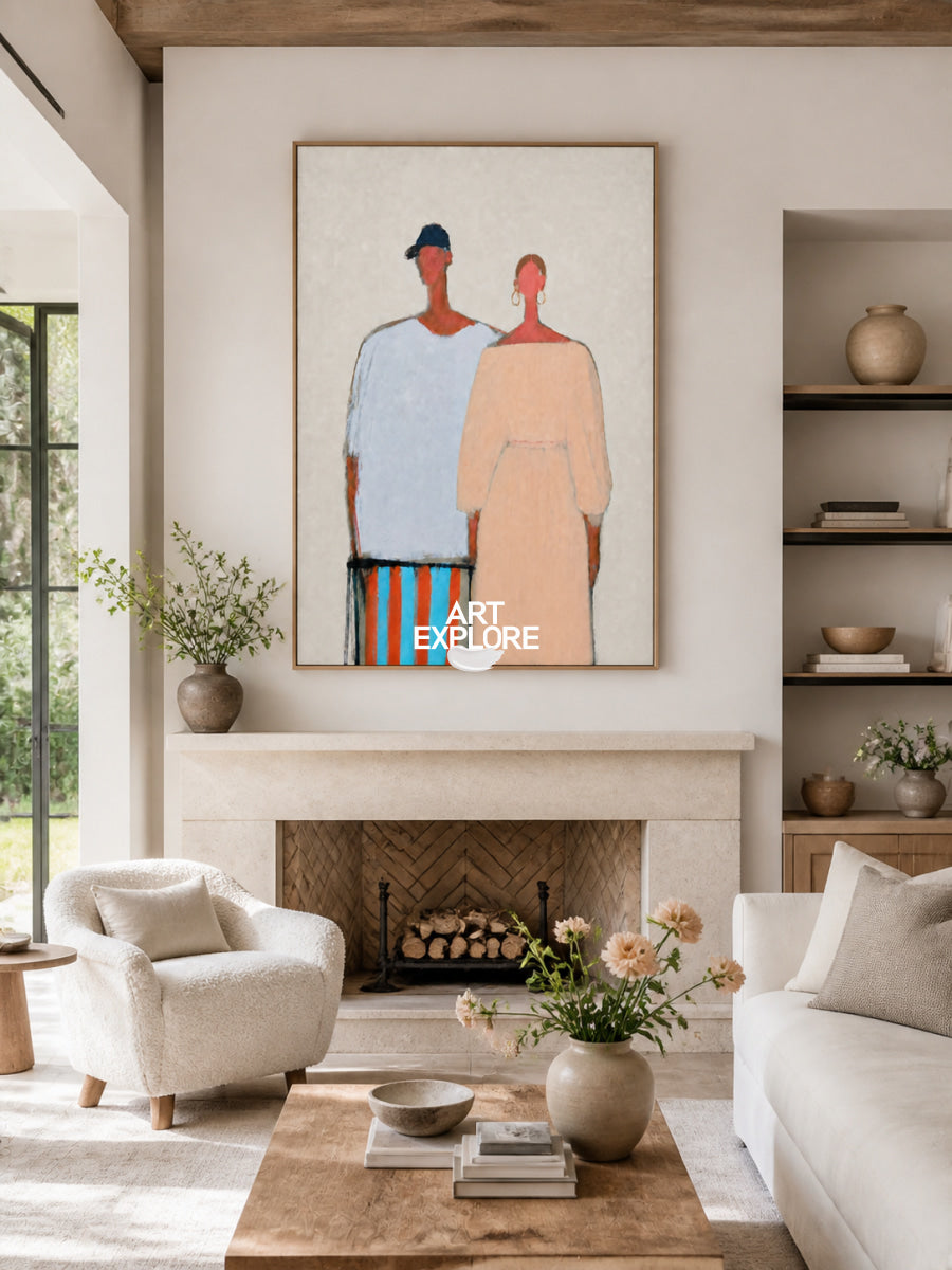 Abstract Figure Painting In Beige And Blue And Beige For Living Room Wall Art