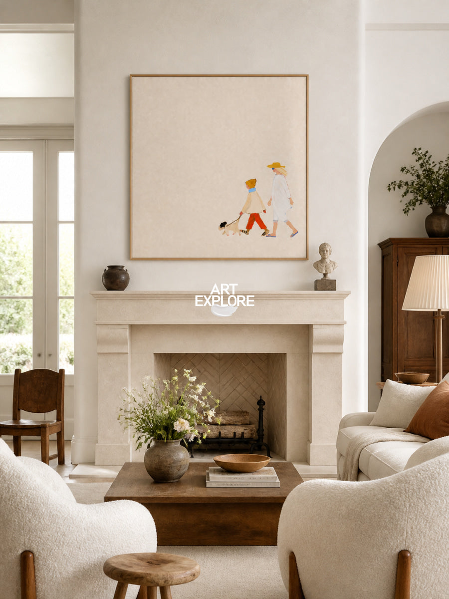 Minimalist Mother Child Dog Painting Beige Square Canvas Wall Art For Nursery