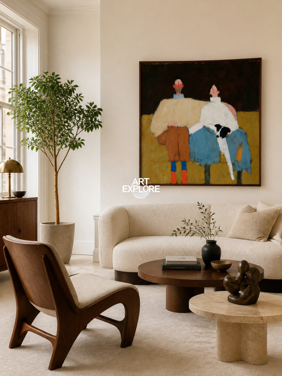 Contemporary Square Oil Painting Of Couple With Pet In Brown Blue For Living Room Decor