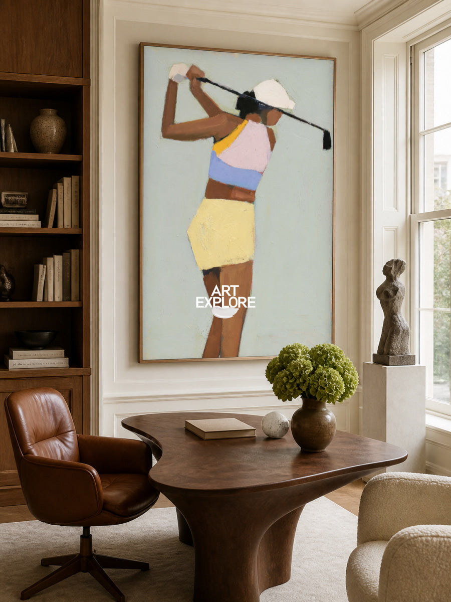 Abstract Golfer Painting Hand-Painted Canvas Wall Art In Green And Pastel Colors