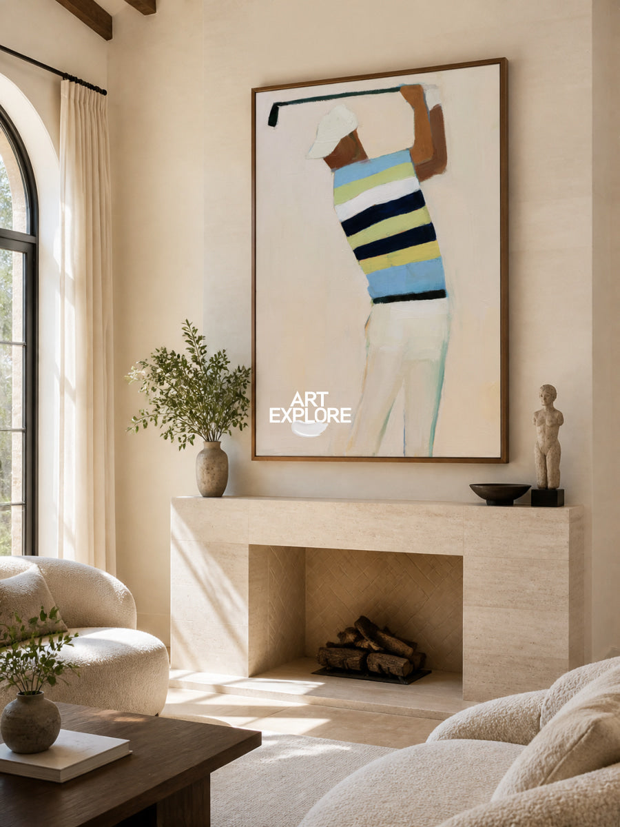 Modern Sports Wall Art For Office Abstract Golfer Painting In Beige