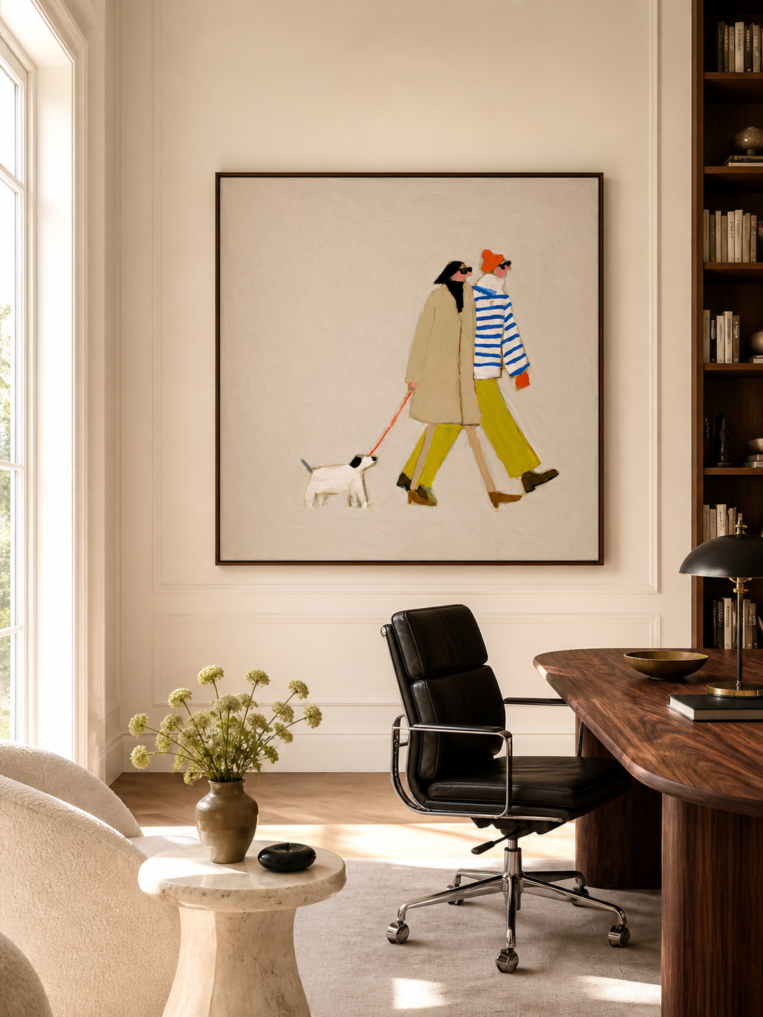 Dog Walking Couple Artwork Square Canvas Print With Vibrant Accents For Entryway