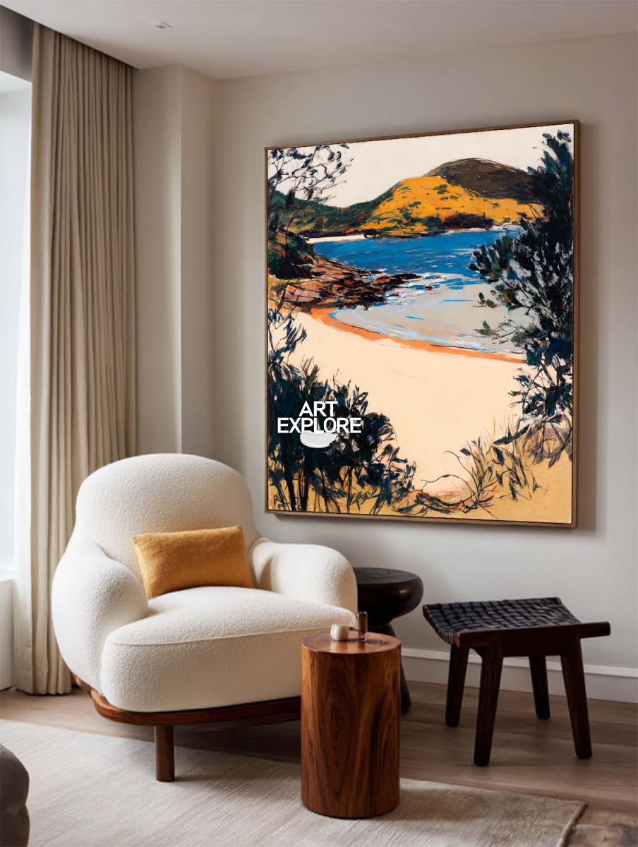 Abstract Lake Landscape Canvas Painting With Warm Golden Hills And Blue Water