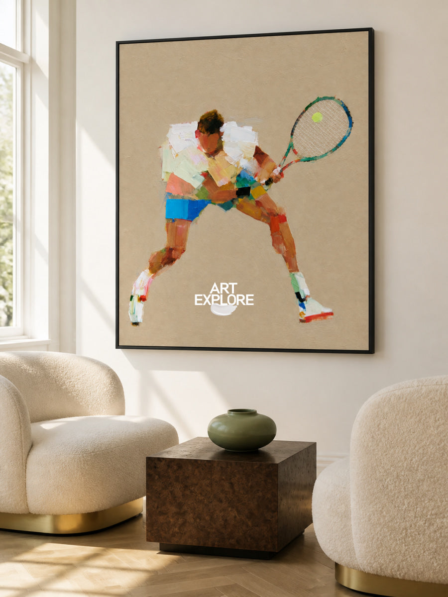 Abstract Tennis Player Painting On Canvas With Earthy Tones For Game Room Decor